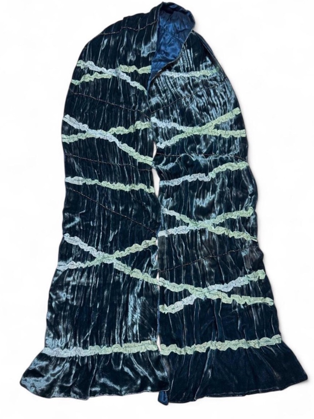 VTG Liz Claiborne Y2K Silk Blend Scarf Blue Teal Beaded Ruffle Trim Satin Wrap